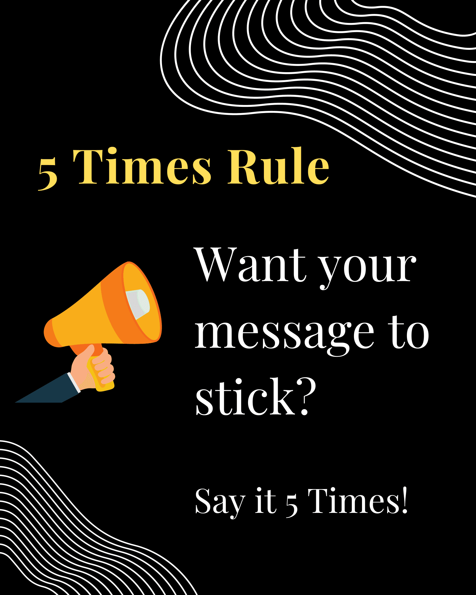 Title slide — a hand holding a megaphone, headlined “5 Times Rule,” with “Want your message to stick? Say it 5 Times!”